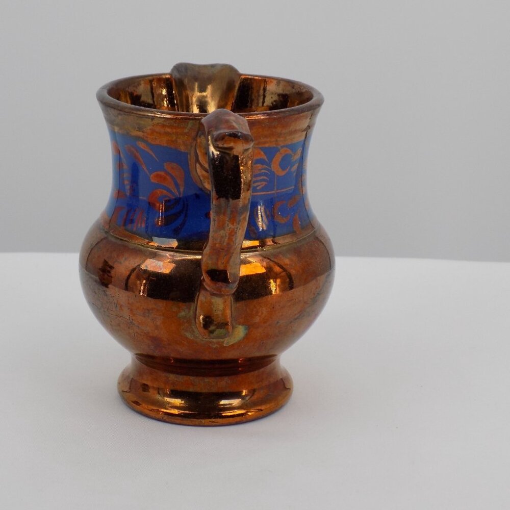 Antique Staffordshire Copper Lustreware Creamer Handpainted Blue Band 4.37" tall - Picture 2 of 7